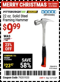 Harbor Freight Coupon 22 OZ. SOLID STEEL FRAMING HAMMER Lot No. 61512, 38383, 69008, 60518 Expired: 12/11/21 - $9.99