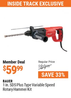 Harbor Freight ITC Coupon 1 IN. SDS PLUS TYPE VARIABLE SPEED ROTARY HAMMER KIT Lot No. 63443, 63433 Expired: 5/31/21 - $59.99