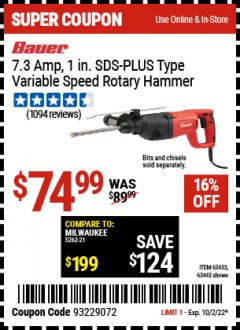 Harbor Freight Coupon 1 IN. SDS PLUS TYPE VARIABLE SPEED ROTARY HAMMER KIT Lot No. 63443, 63433 Valid: 9/19/22 - 10/2/22 - $74.99