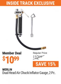 Harbor Freight ITC Coupon MERLIN DUAL HEAD AIR CHUCK INFLATOR GAUGE, 2 PC. Lot No. 63543/56933 Expired: 5/31/21 - $10.99