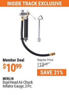 Harbor Freight ITC Coupon MERLIN DUAL HEAD AIR CHUCK INFLATOR GAUGE, 2 PC. Lot No. 63543, 56933 Expired: 7/29/21 - $10.99