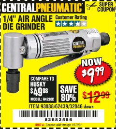 Harbor Freight Coupon AIR ANGLE DIE GRINDER Lot No. 32046/69945/62439 Expired: 1/27/20 - $9.99