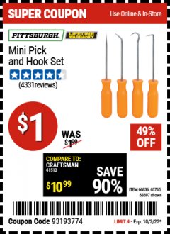 Harbor Freight Coupon PITTSBURG MINI PICK AND HOOK SET Lot No. 63697, 66836, 94500, 63765, 34328 Expired: 10/2/22 - $1