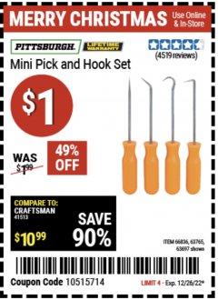Harbor Freight Coupon PITTSBURG MINI PICK AND HOOK SET Lot No. 63697, 66836, 94500, 63765, 34328 Expired: 12/26/22 - $0.01