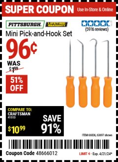Harbor Freight Coupon PITTSBURG MINI PICK AND HOOK SET Lot No. 63697, 66836, 94500, 63765, 34328 Expired: 4/21/24 - $0.96