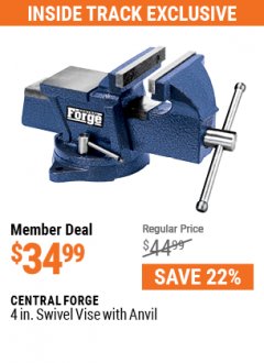 Harbor Freight ITC Coupon CENTRAL FORGE 4 IN. SWIVEL VISE WITH ANVIL Lot No. 63774, 67035, 3794, 38388, 61553, 63330 Expired: 5/31/21 - $34.99