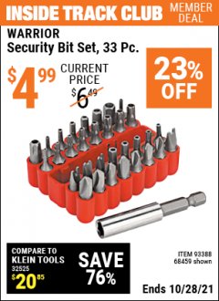 Harbor Freight ITC Coupon WARRIOR SECURITY BIT SET, 33 PC. Lot No. 68459, 93388 Expired: 10/28/21 - $4.99