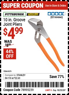 Harbor Freight Coupon PITTSBURGH 10 IN. GROOVE JOINT PLIERS Lot No. 69379 Valid Thru: 10/25/26 - $4.99