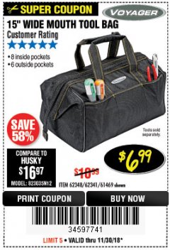 Harbor Freight Coupon 15" TOOL BAG Lot No. 61469/94993/62348/62341 Expired: 11/30/18 - $6.99