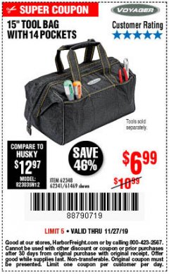 Harbor Freight Coupon 15" TOOL BAG Lot No. 61469/94993/62348/62341 Expired: 11/27/19 - $6.99
