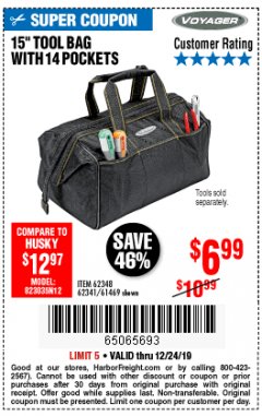 Harbor Freight Coupon 15" TOOL BAG Lot No. 61469/94993/62348/62341 Expired: 12/24/19 - $6.99