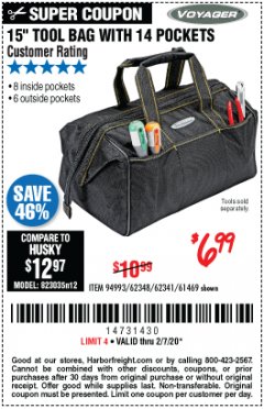 Harbor Freight Coupon 15" TOOL BAG Lot No. 61469/94993/62348/62341 Expired: 2/7/20 - $6.99