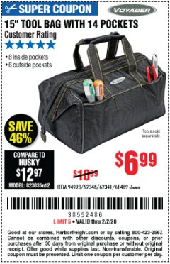 Harbor Freight Coupon 15" TOOL BAG Lot No. 61469/94993/62348/62341 Expired: 2/2/20 - $6.99