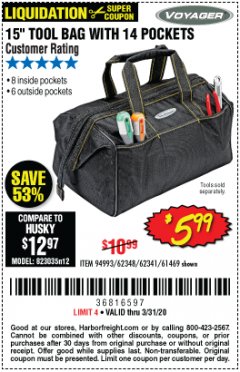 Harbor Freight Coupon 15" TOOL BAG Lot No. 61469/94993/62348/62341 Expired: 3/31/20 - $5.99