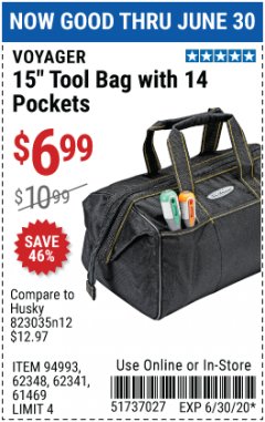 Harbor Freight Coupon 15" TOOL BAG Lot No. 61469/94993/62348/62341 Expired: 6/30/20 - $6.99