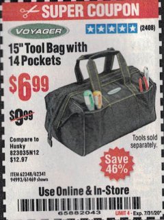 Harbor Freight Coupon 15" TOOL BAG Lot No. 61469/94993/62348/62341 Expired: 7/31/20 - $6.99