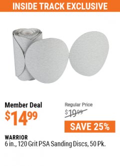 Harbor Freight ITC Coupon WARRIOR 6 IN., 120 GRIT PSA SANDING DISCS, 50 PK. Lot No. 69960/3842/68160 Expired: 5/31/21 - $14.99