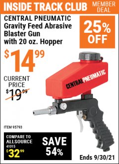 Harbor Freight ITC Coupon CENTRAL PNEUMATIC GRAVITY FEED ABRASIVE BLASTER GUN WITH 20 OZ. HOPPER Lot No. 95793 Expired: 9/30/21 - $14.99