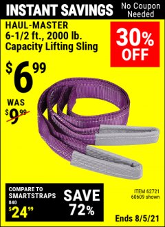 Harbor Freight Coupon HAUL-MASTER 6-1/2 FT., 2000 LB. CAPACITY LIFTING SLING Lot No.  60609, 44847, 62721 Expired: 8/5/21 - $6.99