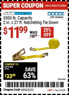Harbor Freight Coupon HAUL-MASTER 6-1/2 FT., 2000 LB. CAPACITY LIFTING SLING Lot No.  60609, 44847, 62721 Expired: 2/4/24 - $11.99
