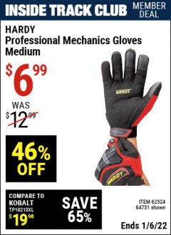 Harbor Freight ITC Coupon HARDY PROFESSIONAL MECHANICS GLOVES - MEDIUM Lot No. 62524, 64731 Expired: 1/6/22 - $6.99