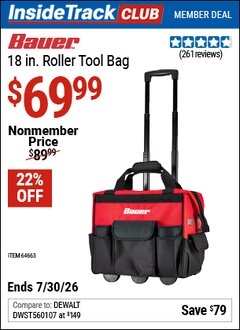 Harbor Freight ITC Coupon BAUER 18 IN. ROLLER TOOL BAG Lot No. 64663 Valid Thru: 7/30/26 - $69.99