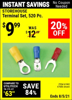 Harbor Freight Coupon STOREHOUSE TERMINAL SET, 520 PC. Lot No. 67686/61982 Expired: 8/5/21 - $9.99