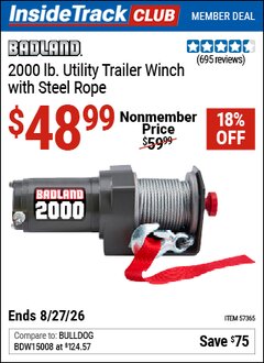 Harbor Freight ITC Coupon BADLAND 2000 LB. UTILITY TRAILER WINCH WITH STEEL ROPE Lot No. 57365 Valid Thru: 8/27/26 - $48.99