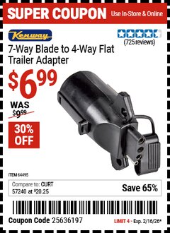 Harbor Freight Coupon KENWAY 7-WAY BLADE TO 4-WAY FLAT TRAILER ADAPTER Lot No. 64495 Valid Thru: 2/16/26 - $6.99