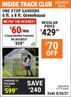 Harbor Freight ITC Coupon 6 FT. x 8 FT. ALUMINUM GREENHOUSE Lot No. 47712/69714 Expired: 8/26/21 - $359.99
