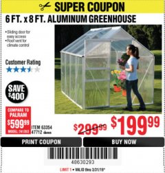 Harbor Freight Coupon ONE STOP GARDENS 6 FT. X 8 FT. GREENHOUSE Lot No. 47712/63354 Expired: 3/31/19 - $199.99