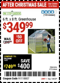 Harbor Freight Coupon ONE STOP GARDENS 6 FT. X 8 FT. GREENHOUSE Lot No. 47712/63354 Expired: 1/8/23 - $349.99