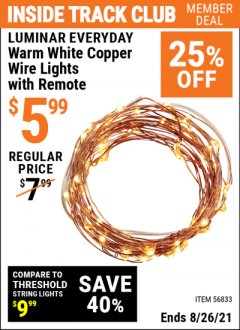 Harbor Freight ITC Coupon WARM WHITE COPPER WIRE LIGHTS WITH REMOTE Lot No. 56833 Expired: 8/26/21 - $5.99