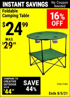 Harbor Freight Coupon FOLDABLE CAMPING TABLE Lot No. 57485 Expired: 8/5/21 - $24.99