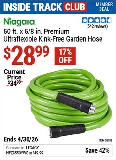 Harbor Freight ITC Coupon NIAGARA 50 FT. X 5/8 IN. PREMIUM ULTRAFLEXIBLE KINK-FREE GARDEN HOSE Lot No. 58188 Valid Thru: 4/30/26 - $28.99
