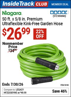 Harbor Freight ITC Coupon NIAGARA 50 FT. X 5/8 IN. PREMIUM ULTRAFLEXIBLE KINK-FREE GARDEN HOSE Lot No. 58188 Valid Thru: 7/30/26 - $26.99