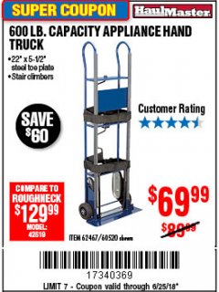 Harbor Freight Coupon 600 LB. CAPACITY APPLIANCE HAND TRUCK Lot No. 60520/65685/62467 Expired: 6/25/18 - $69.99