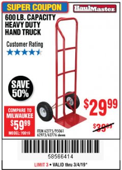 Harbor Freight Coupon 600 LB. CAPACITY APPLIANCE HAND TRUCK Lot No. 60520/65685/62467 Expired: 3/4/19 - $29.99