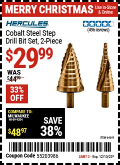 Harbor Freight Coupon COBALT STEEL SETP DRILL BIT SET 2PC Lot No. 64649 Expired: 12/10/23 - $29.99