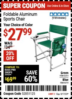 Harbor Freight Coupon FOLDABLE ALUMINUM SPORTS CHAIR Lot No. 62314, 56719 Expired: 9/17/23 - $27.99