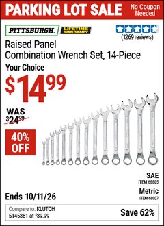 Harbor Freight Coupon PITTSBURGH RAISED PANEL COMBINATION WRENCH SET, 14-PIECE Lot No. 68805/68807 Expired: 10/11/26 - $14.99