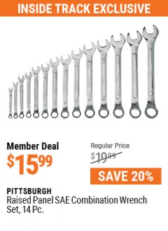 Harbor Freight Coupon RAISED PANEL SAE COMBINATION WRENCH SET, 14 PC Lot No. 68805 Expired: 7/1/21 - $15.99