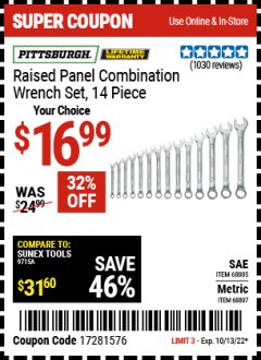 Harbor Freight Coupon RAISED PANEL SAE COMBINATION WRENCH SET, 14 PC Lot No. 68805 Expired: 10/13/22 - $16.99