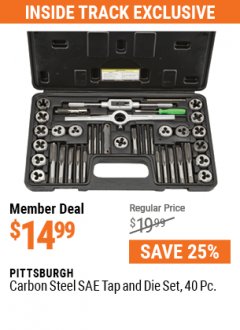 Harbor Freight Coupon CARBON STEEL SAE TAP AND DIE SET, 40 PC Lot No. 62831 Expired: 7/1/21 - $14.99