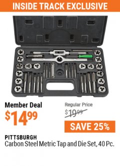 Harbor Freight Coupon CARBON STEEL METRIC TAP AND DIE SET, 40 PC Lot No. 62832 Expired: 7/1/21 - $14.99