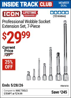 Harbor Freight ITC Coupon ICON PROFESSIONAL WOBBLE SOCKET EXTENSION SET, 7-PIECE Lot No. 56732 Valid Thru: 5/28/26 - $29.99