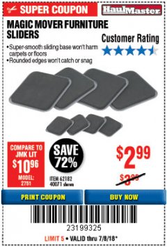 Harbor Freight Coupon MAGIC MOVER FURNITURE SLIDERS Lot No. 40071/62182 Expired: 7/8/18 - $2.99