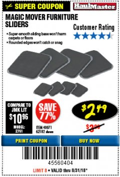 Harbor Freight Coupon MAGIC MOVER FURNITURE SLIDERS Lot No. 40071/62182 Expired: 8/31/18 - $2.49