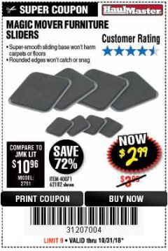 Harbor Freight Coupon MAGIC MOVER FURNITURE SLIDERS Lot No. 40071/62182 Expired: 10/31/18 - $2.99