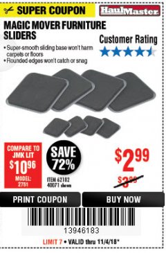 Harbor Freight Coupon MAGIC MOVER FURNITURE SLIDERS Lot No. 40071/62182 Expired: 11/4/18 - $2.99